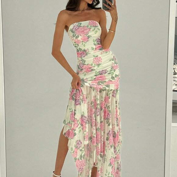 Multicolor Boho Womens Romantic Strapless Floral Mesh Asymmetrical Bodycon Dress - Picture 7 of 8